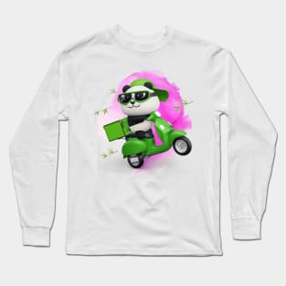 Cute Panda Riding Green Scooter - Adorable Panda - Kawaii Panda Long Sleeve T-Shirt